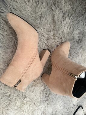 Suede Ankle Booties in Beige with Block Heel